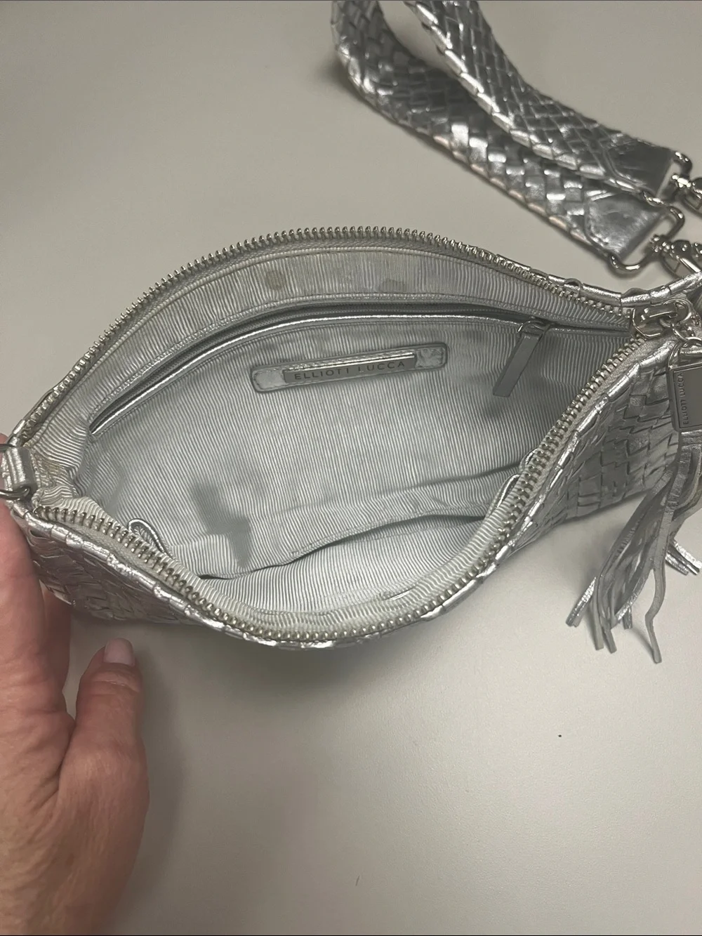 Elliott Lucca Silver Woven Metallic Clutch wTassel Removable Strap